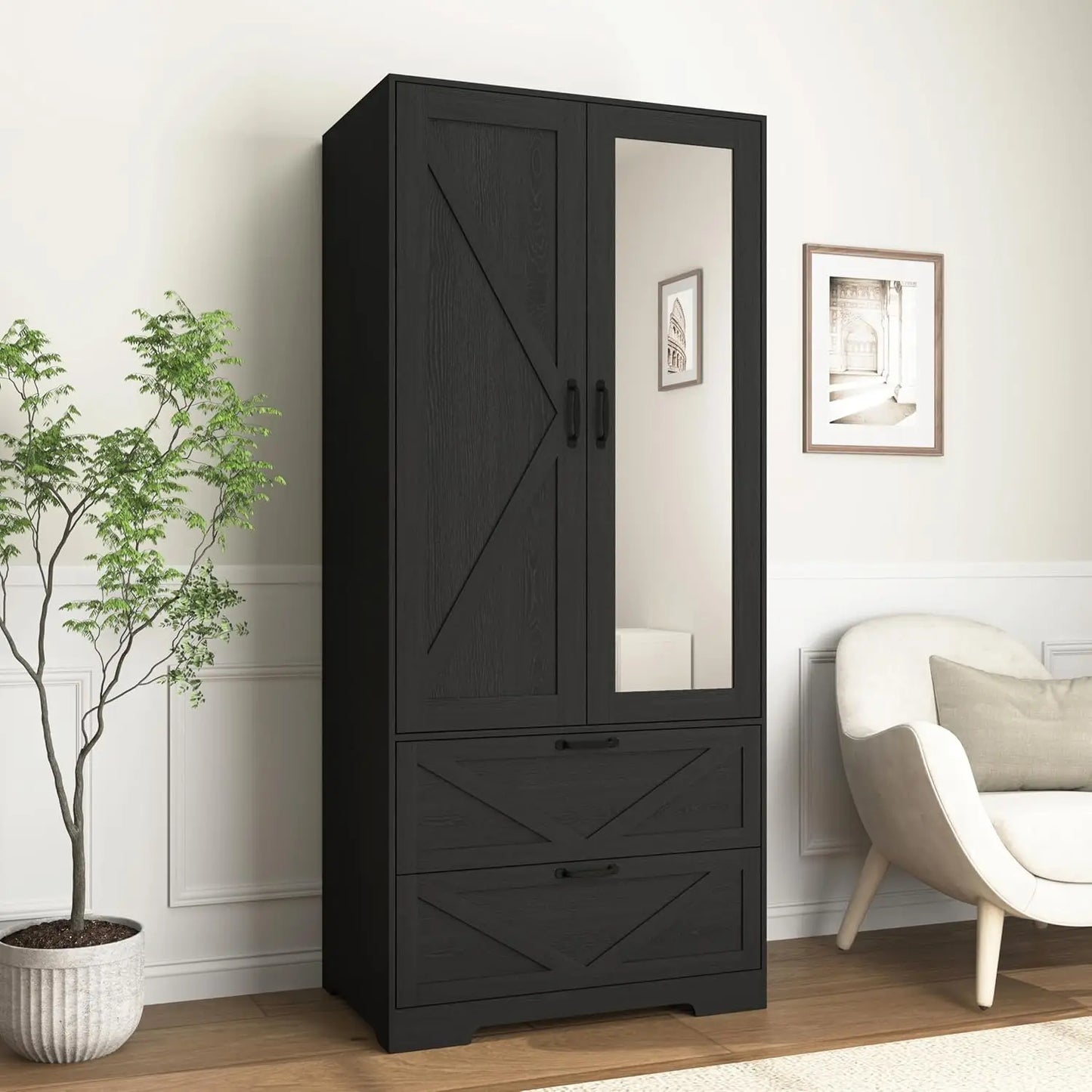 Armoire Wardrobe Closet With Hanging Rod And Light Wooden Furniture