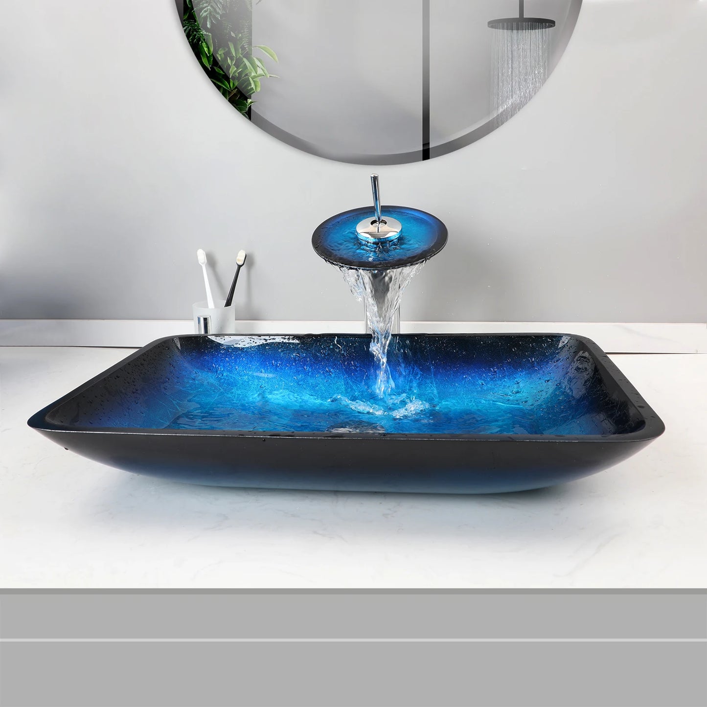YANKSMART Tempered Glass Basin Sink With Faucet Set For Bathroom