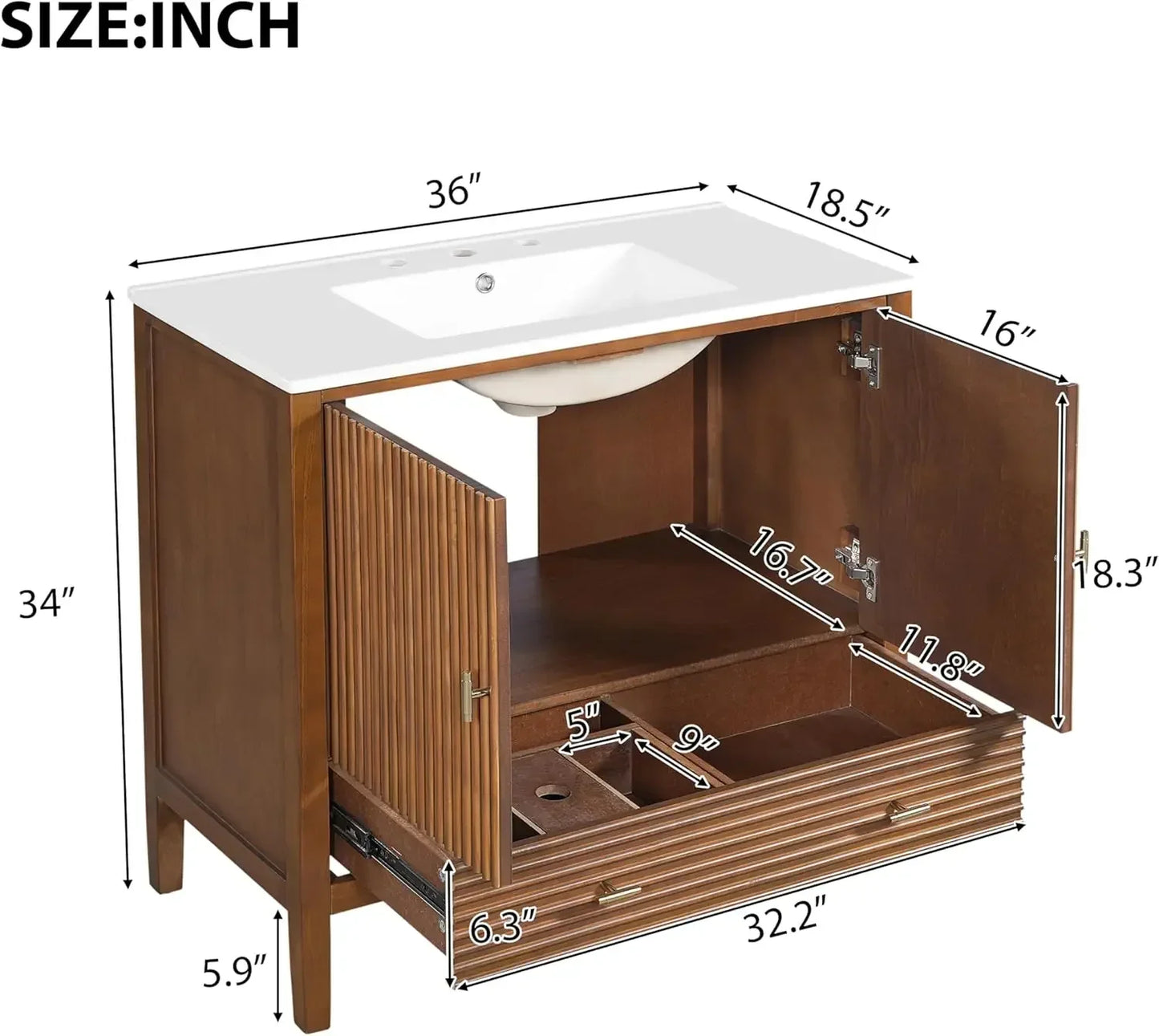 Mid-Century Walnut Bathroom Vanity With Ceramic Sink And Soft-Close