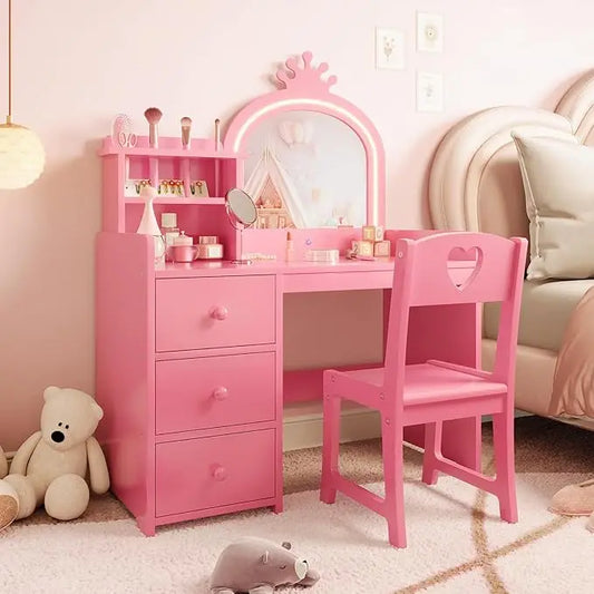 HiMISS Kids Vanity With Lights 2 In 1 Princess Makeup Desk Chair Open Bookshelf