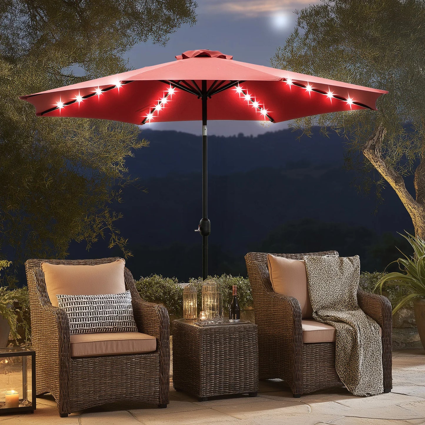 JHK Solar Patio Umbrella With 32 LED Lights Tilt And Crank