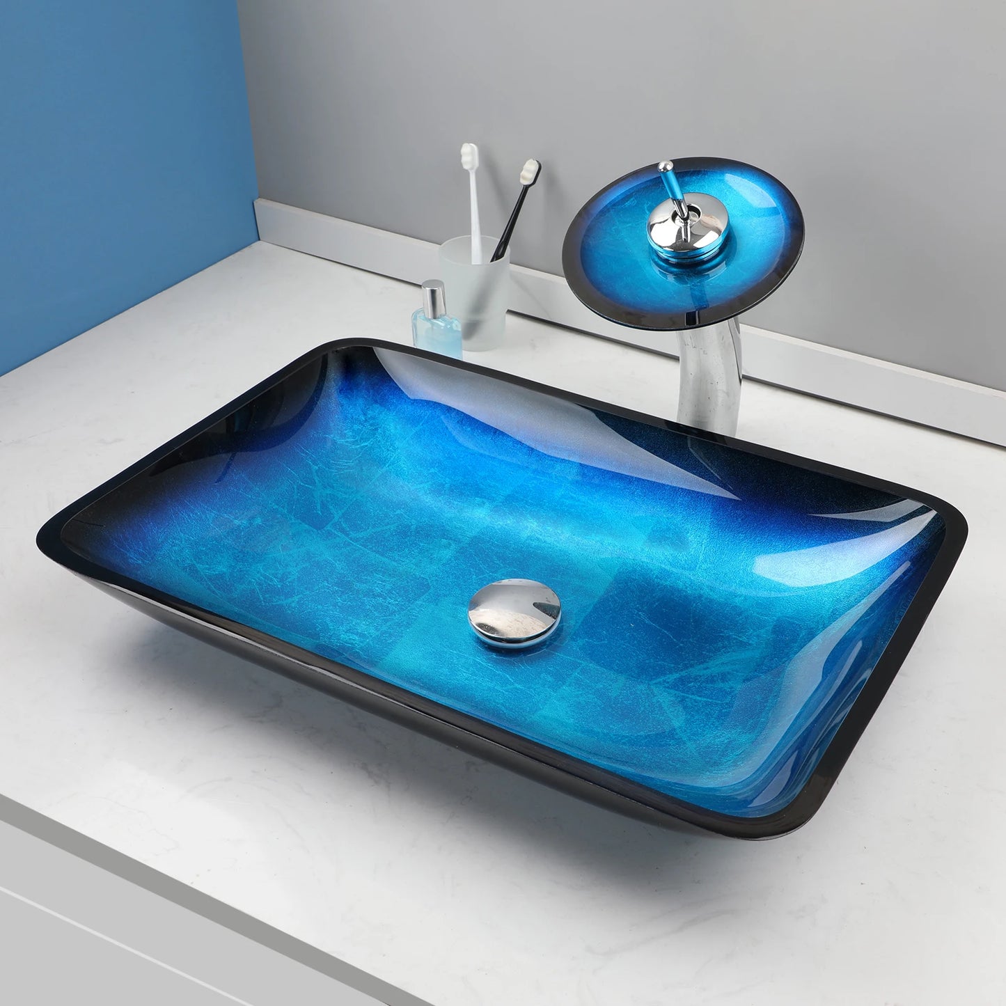 YANKSMART Tempered Glass Basin Sink With Faucet Set For Bathroom