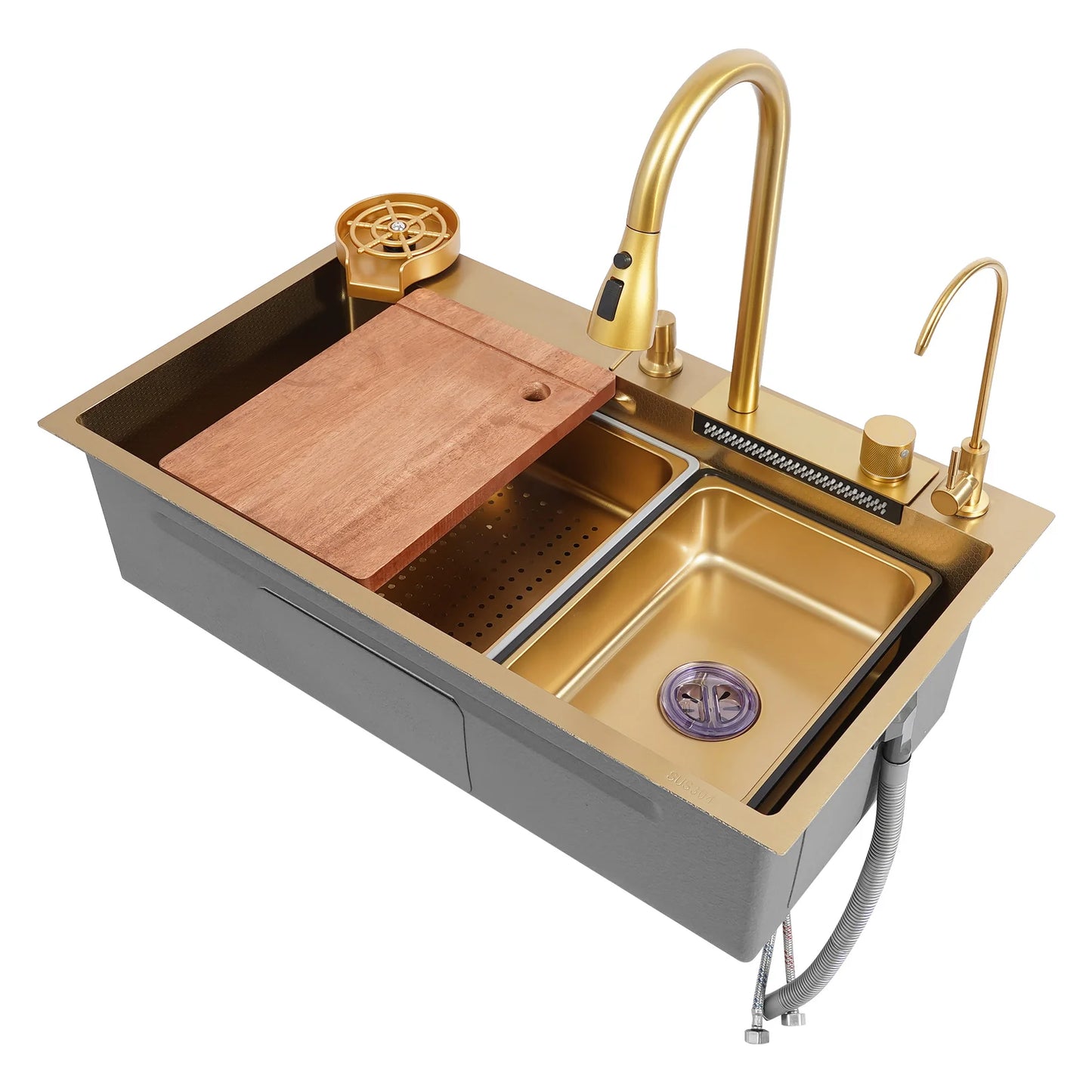 Bymaocar Drop In Waterfall Kitchen Sink Stainless Steel Glass Rinser