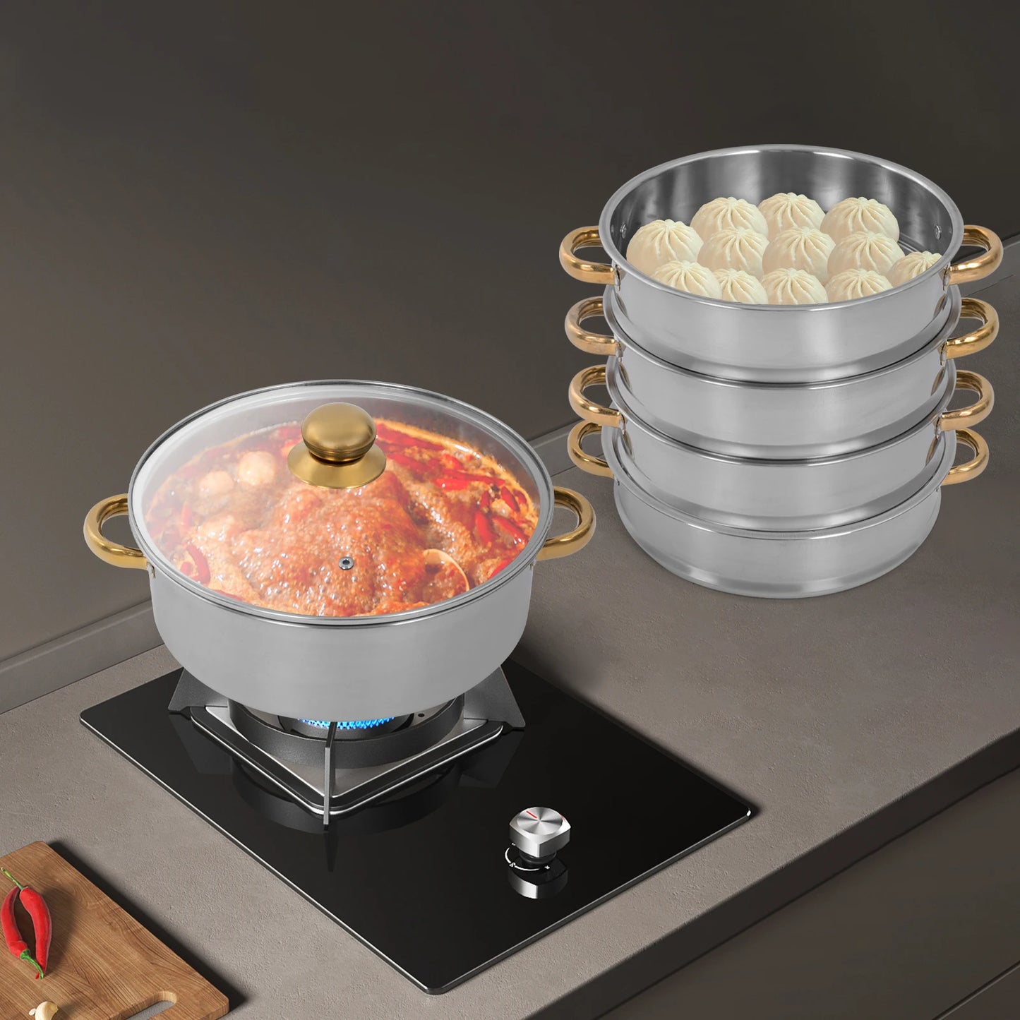 Stainless Steel 5 Tier Steamer Pot For Gas Induction Stoves