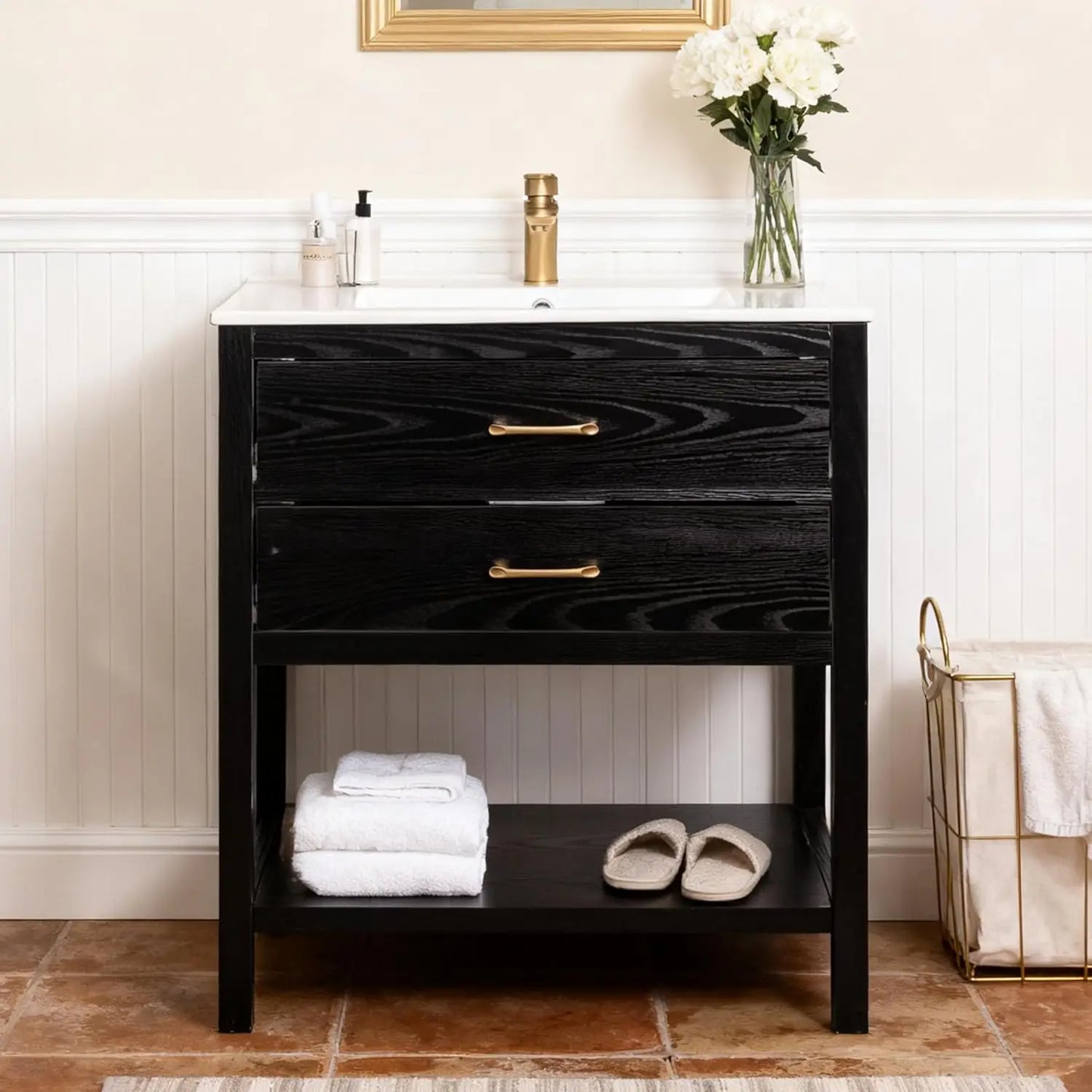 Oak Farmhouse Bathroom Vanity Set All In One Ceramic Sink