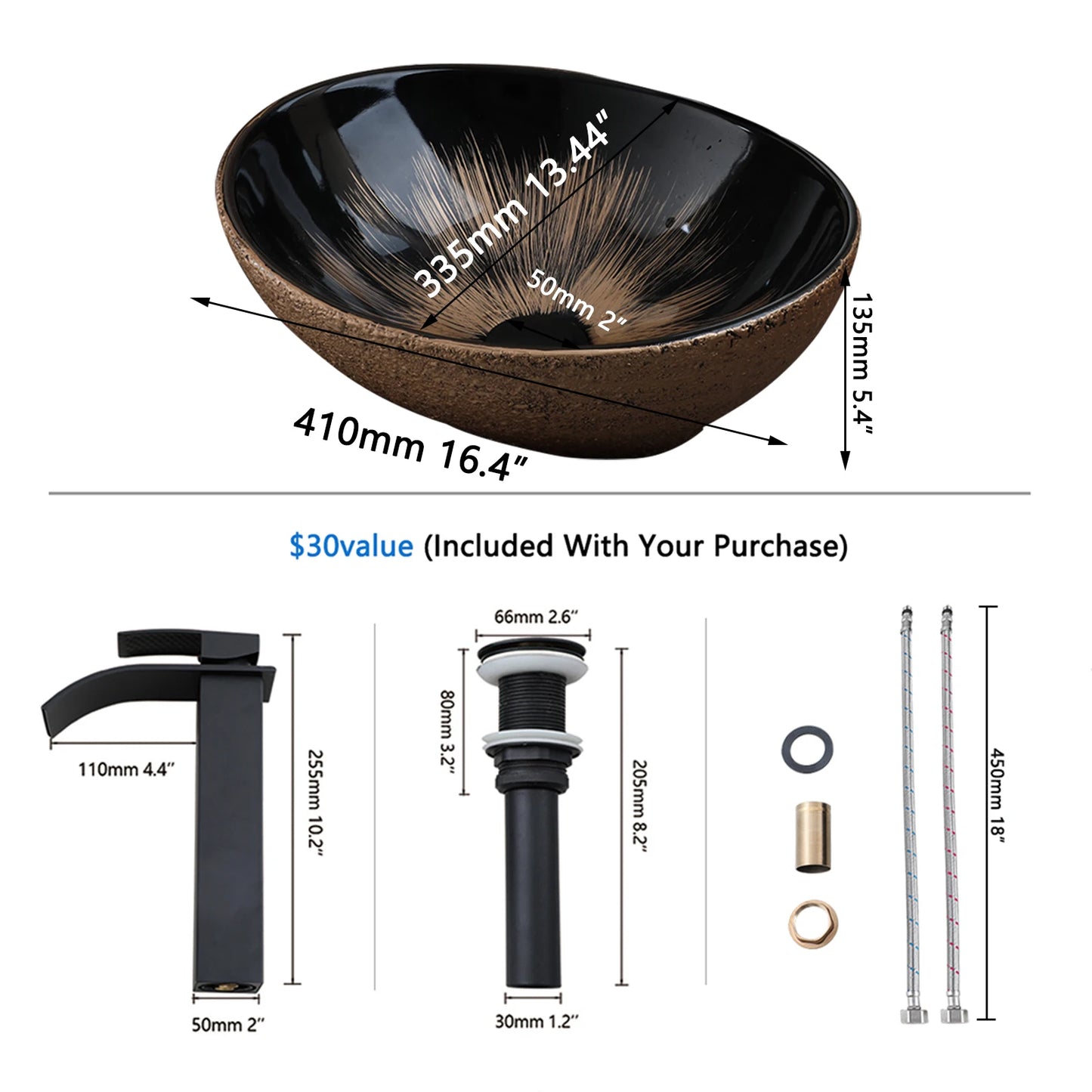 KEMAIDI Oval Vessel Sink With Faucet Marble Finish