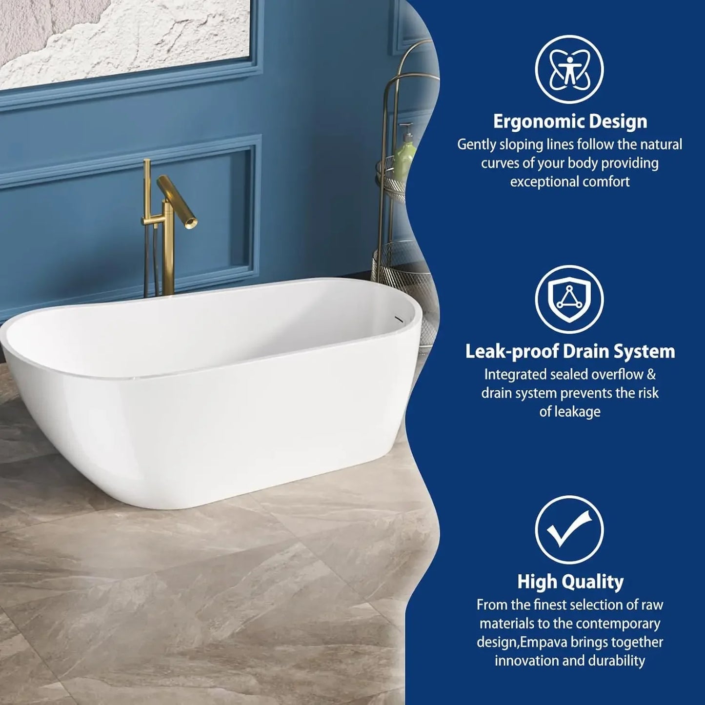 Freestanding Acrylic Soaking Bathtub With Chrome Drain And Overflow