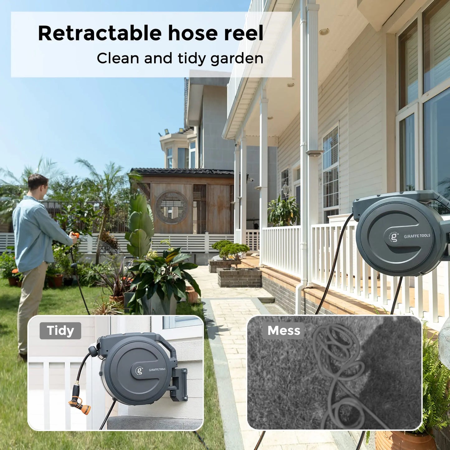 Giraffe Tools Retractable Garden Hose Reel for Wall Mount