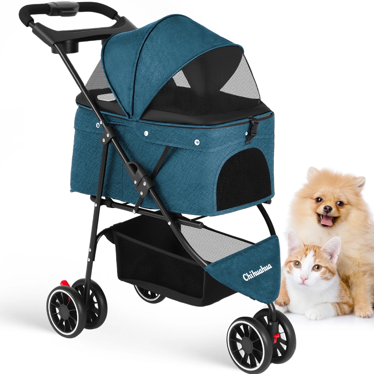 Chihuahua Pet Stroller 3 Wheel Foldable Carrier With Mesh Canopy