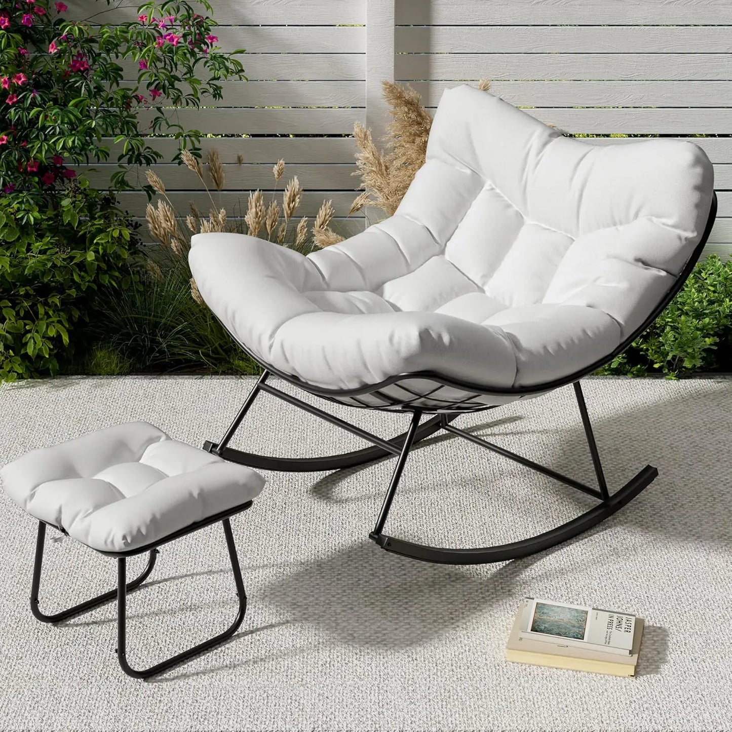 TWISTER.CK Outdoor Papasan Rocking Chair With Footrest