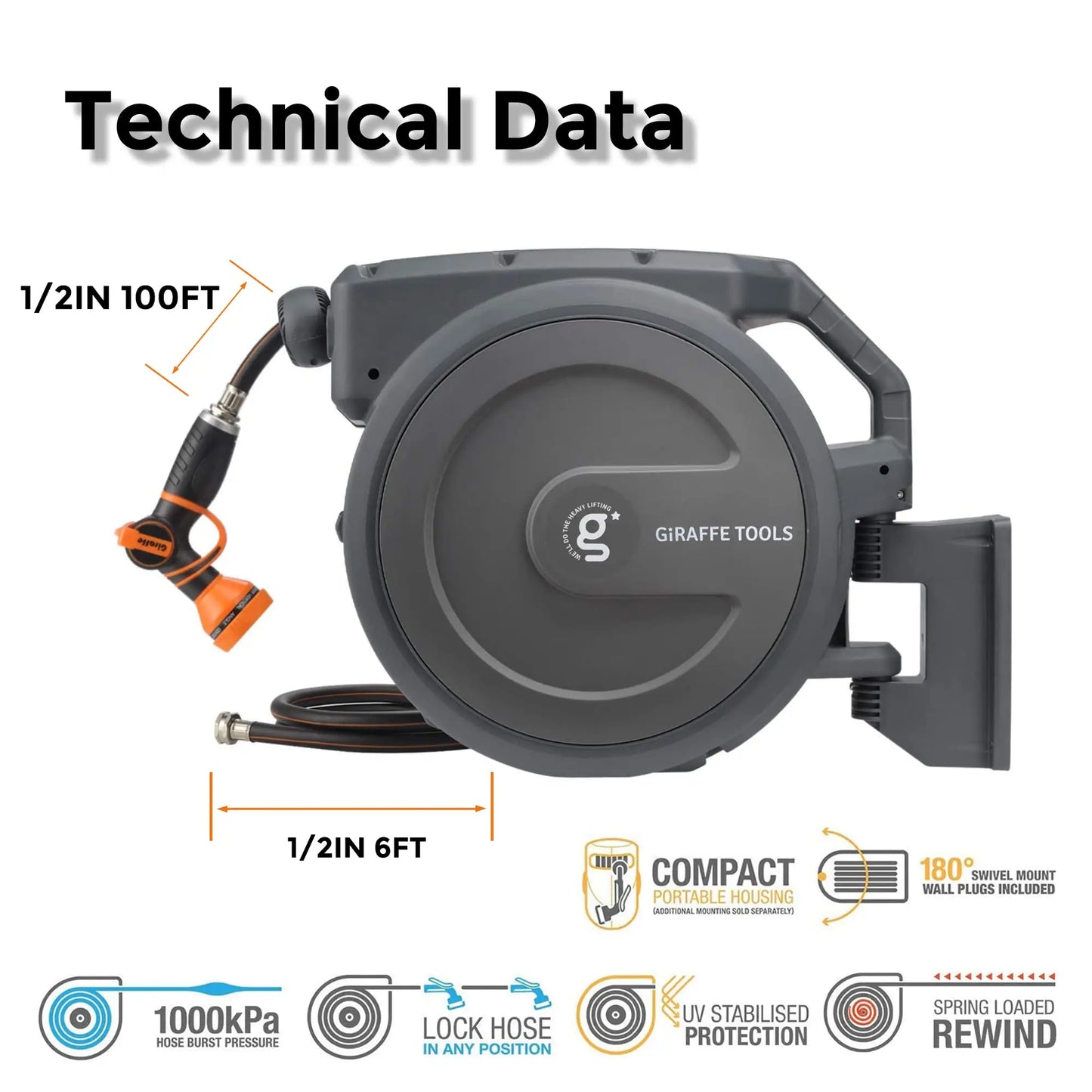 Giraffe Tools Retractable Garden Hose Reel for Wall Mount