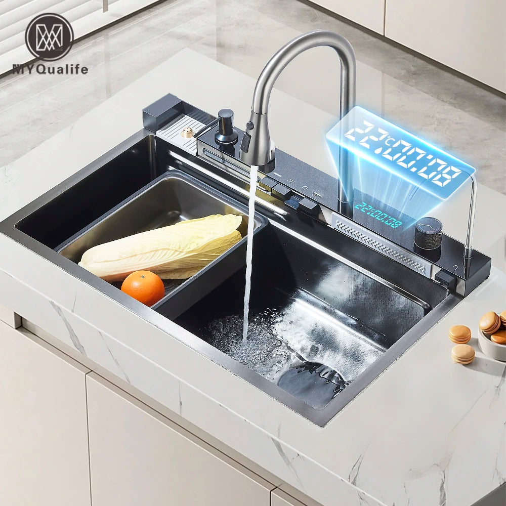 MYQualife 304 Stainless Steel Waterfall Kitchen Sink Faucet Set