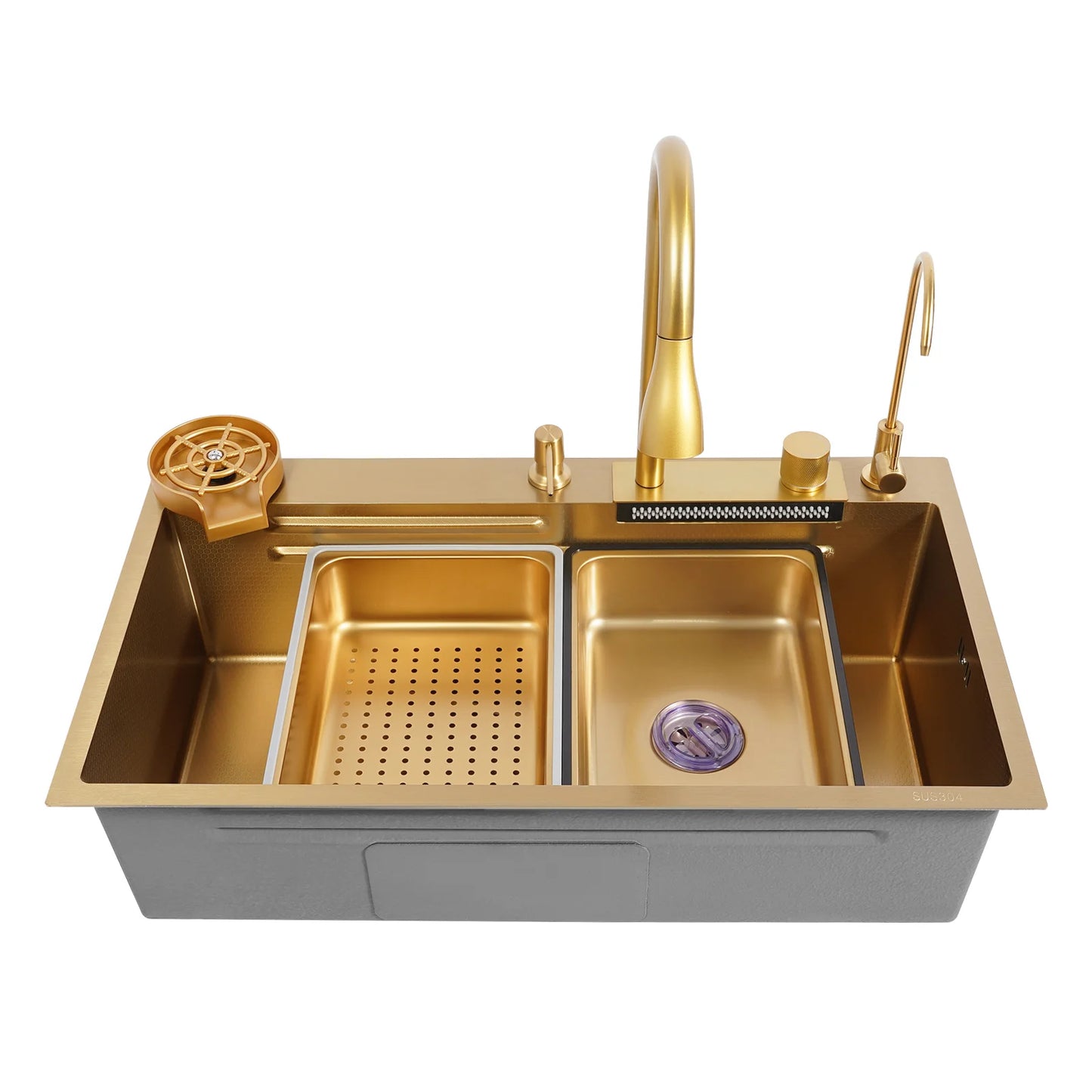 Bymaocar Drop In Waterfall Kitchen Sink Stainless Steel Glass Rinser