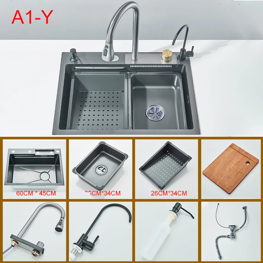 Multifunctional Kitchen Waterfall Sink With Digital Display 304 Stainless Steel