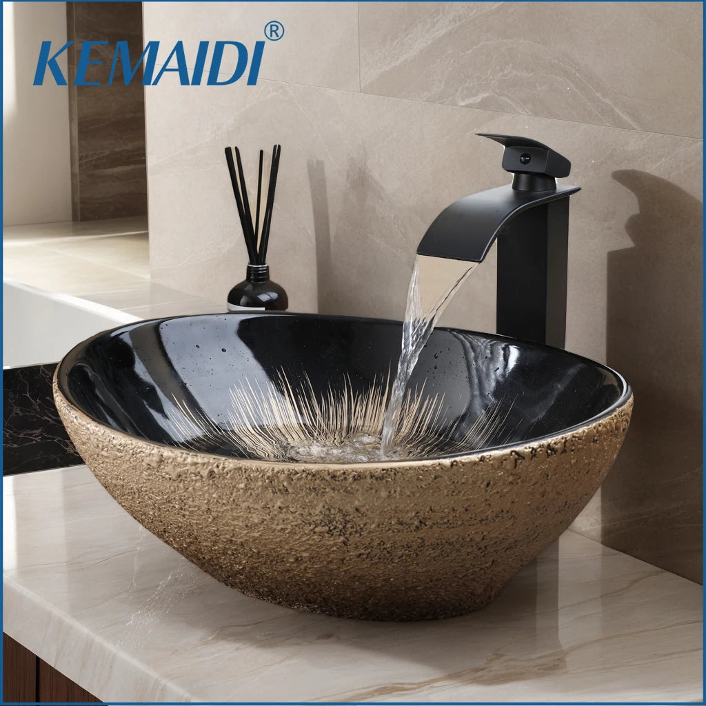 KEMAIDI Oval Vessel Sink With Faucet Marble Finish