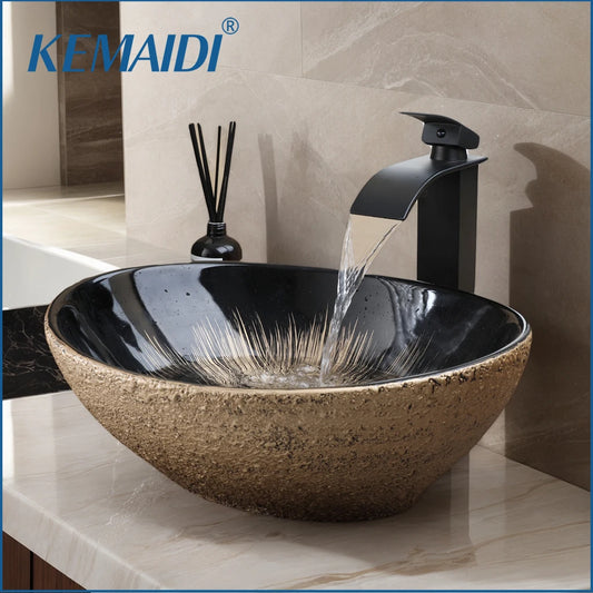 KEMAIDI Oval Vessel Sink With Faucet Marble Finish