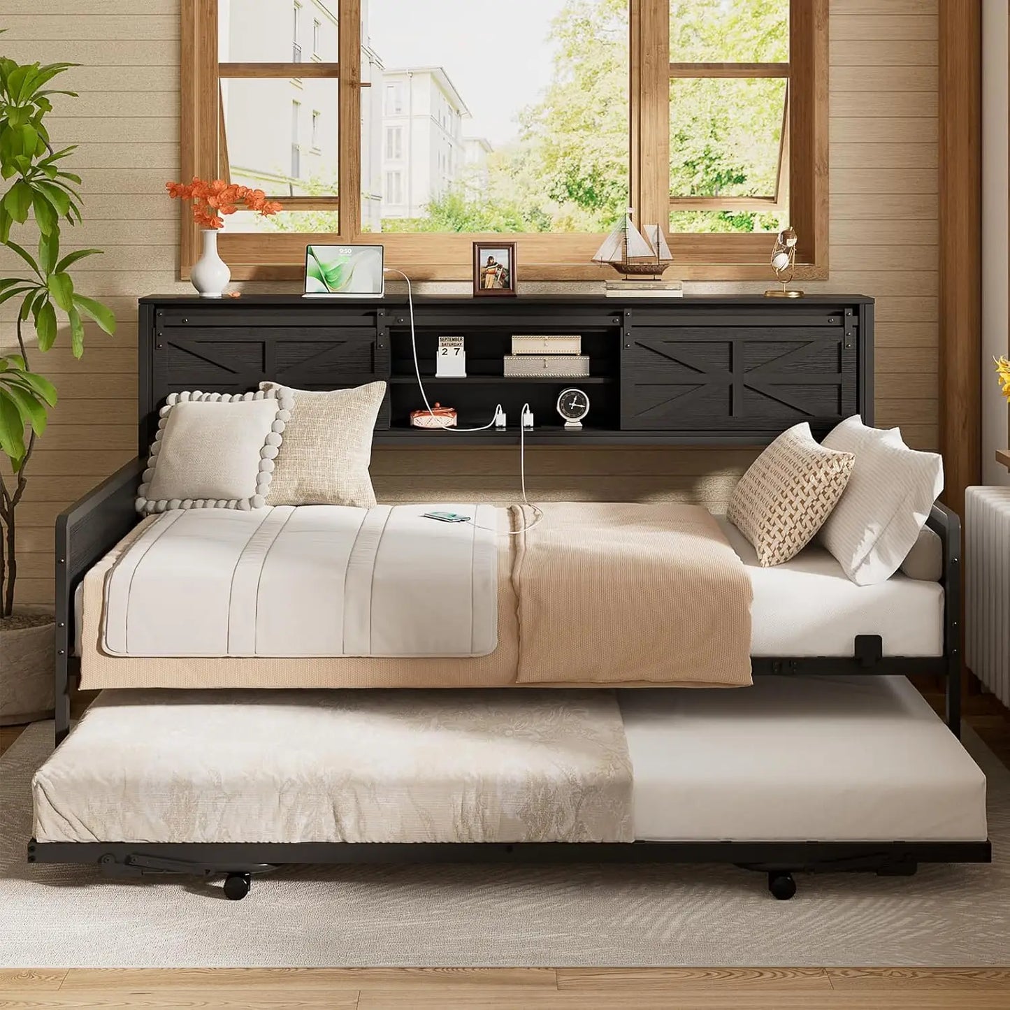 BIANXIANG Farmhouse Daybed With Pop Up Trundle And Bookcase Headboard
