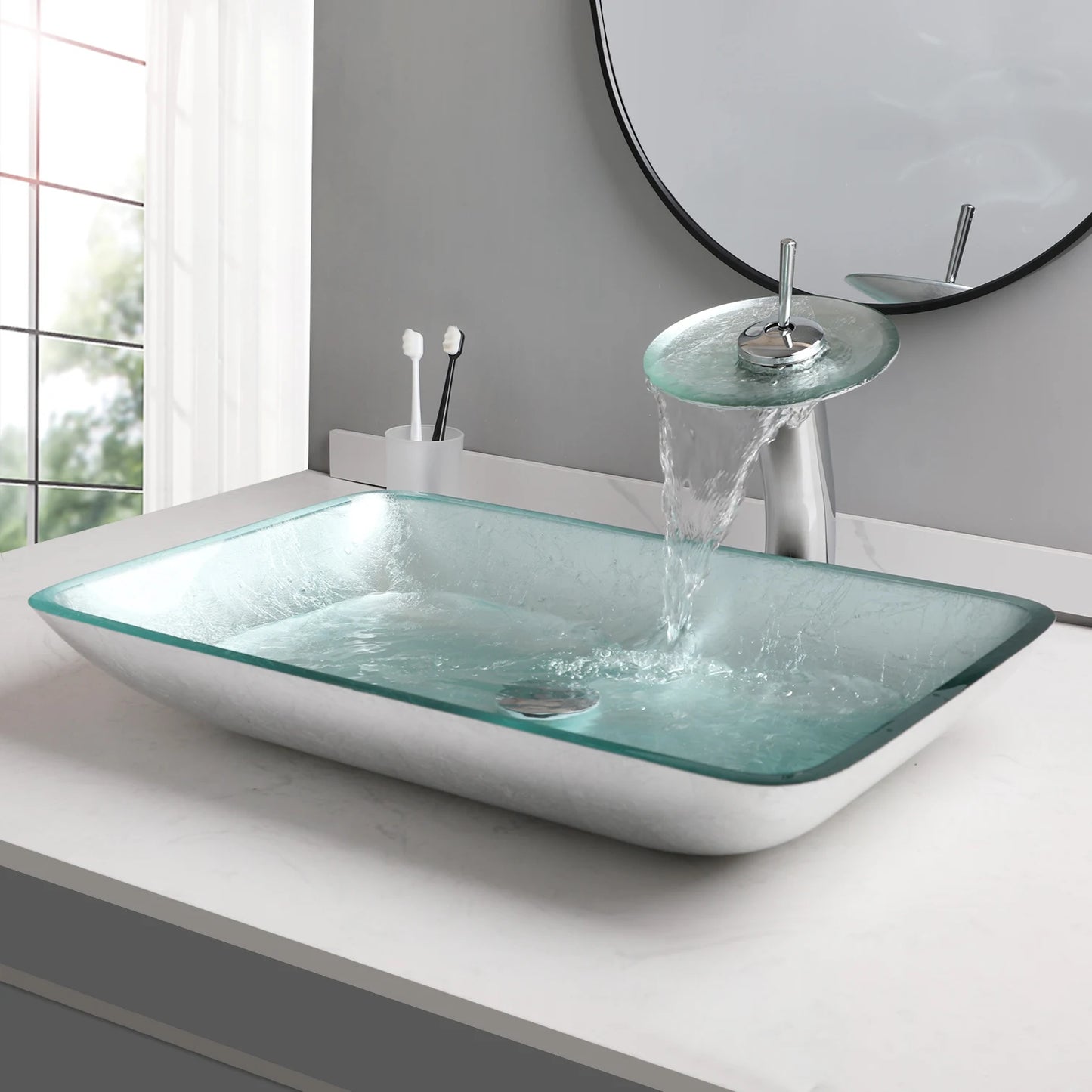 YANKSMART Tempered Glass Basin Sink With Faucet Set For Bathroom