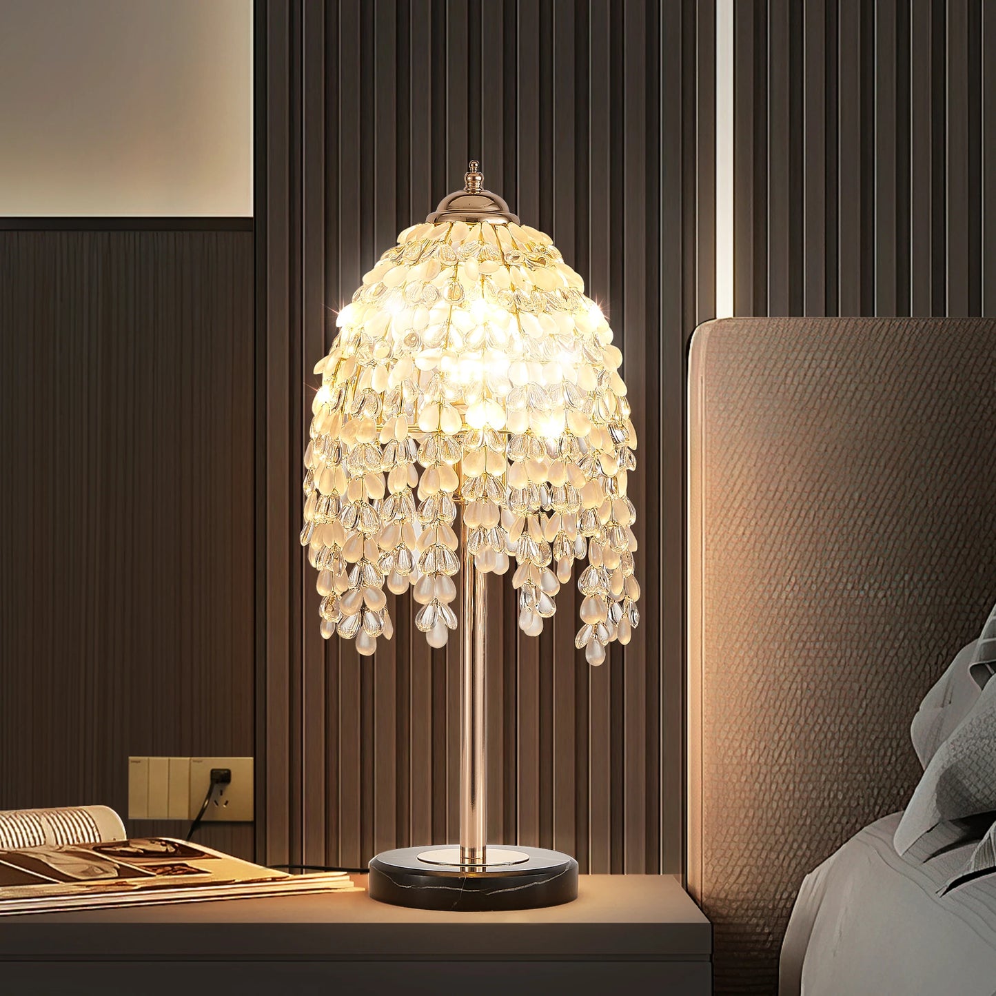 Elegant Crystal Table Lamp With Bead String Shades Marble Base