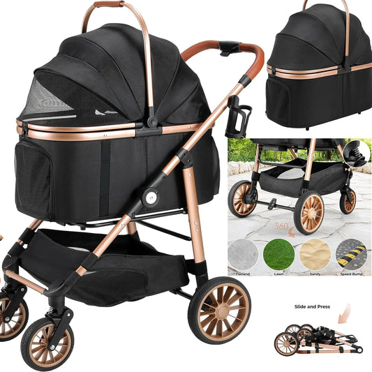 360 Degree Wheel Pet Stroller Foldable 2 In 1 Buggy