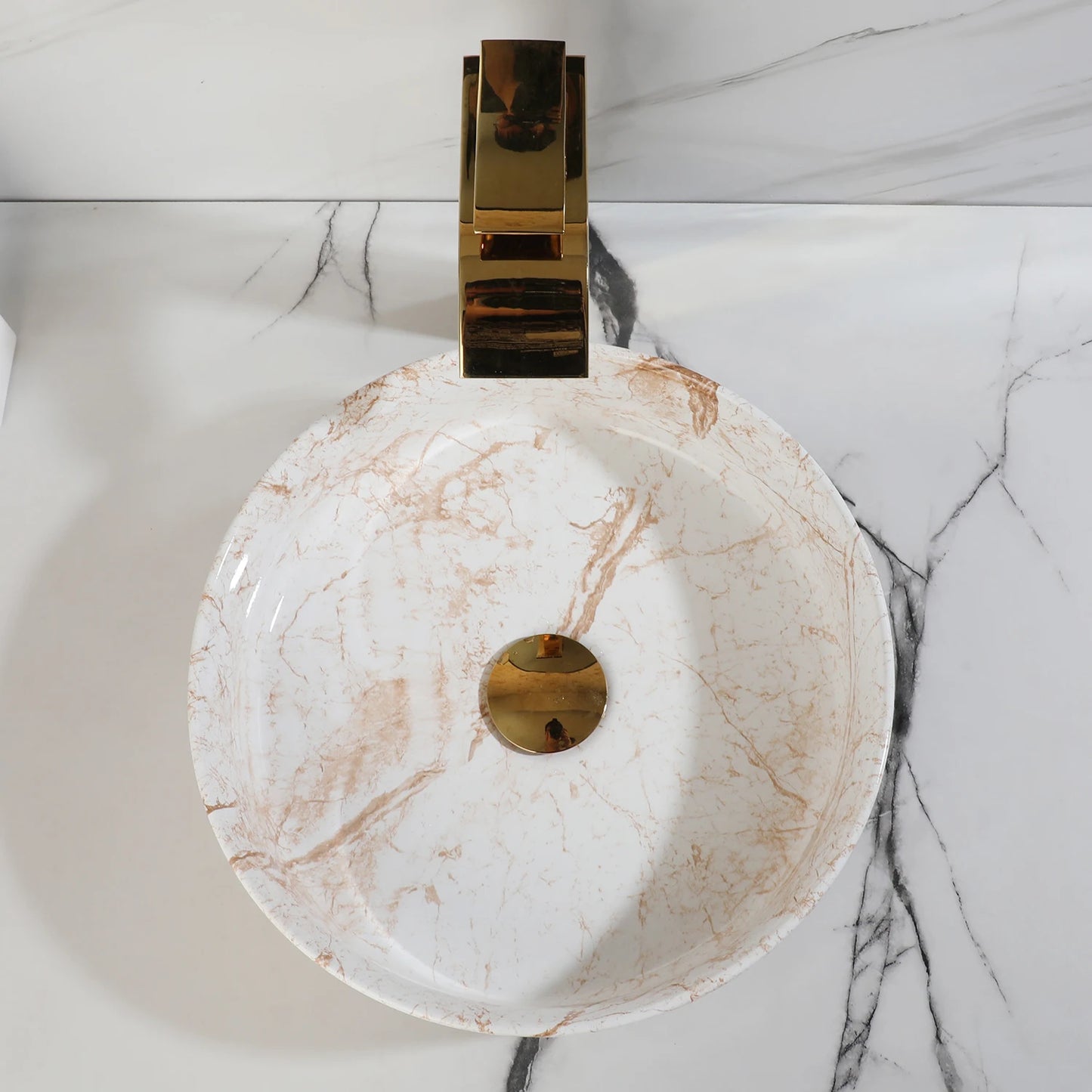 YANKSMART Marble Bathroom Vessel Sink With Gold Faucet
