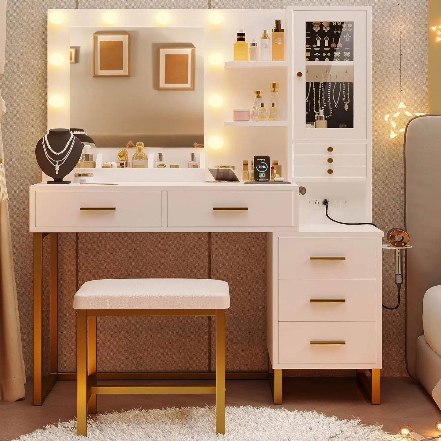 IRONCK Vanity Desk With Mirror and Lights and Shelves