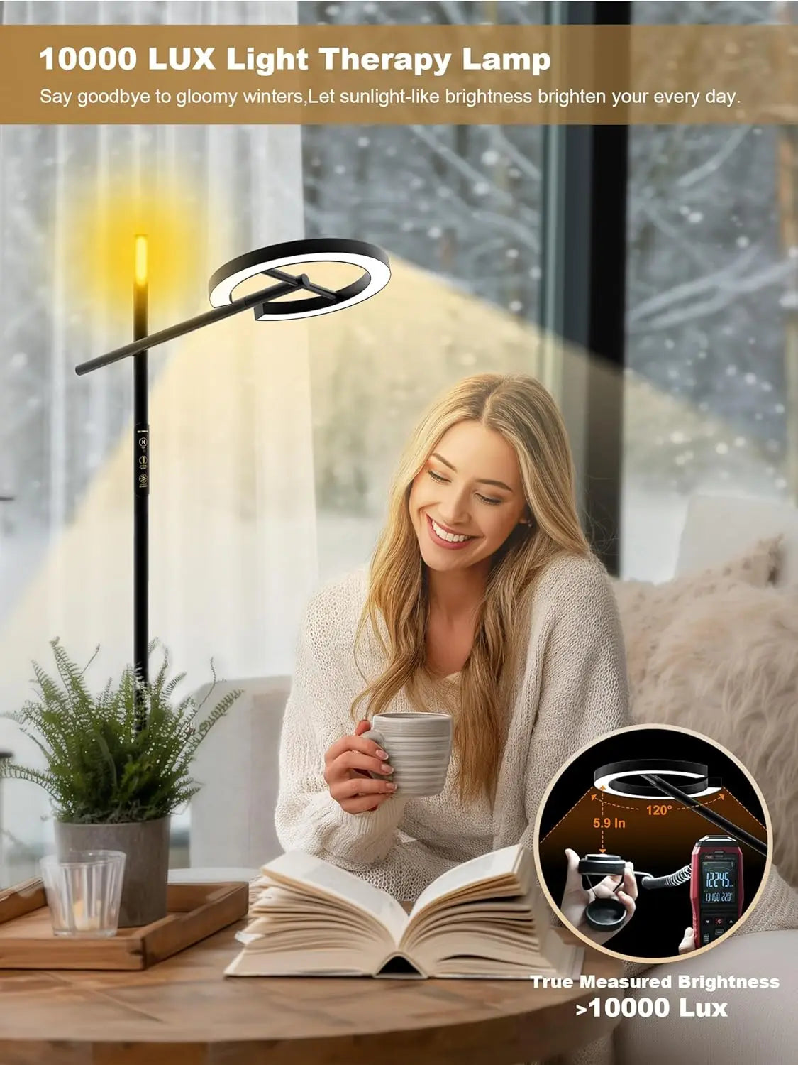 Smart Light Therapy Lamp, 10000 Lux UV-Free Sunlight, Dimmable Floor Lamp with App & Remote, Timer for Cozy Relaxation