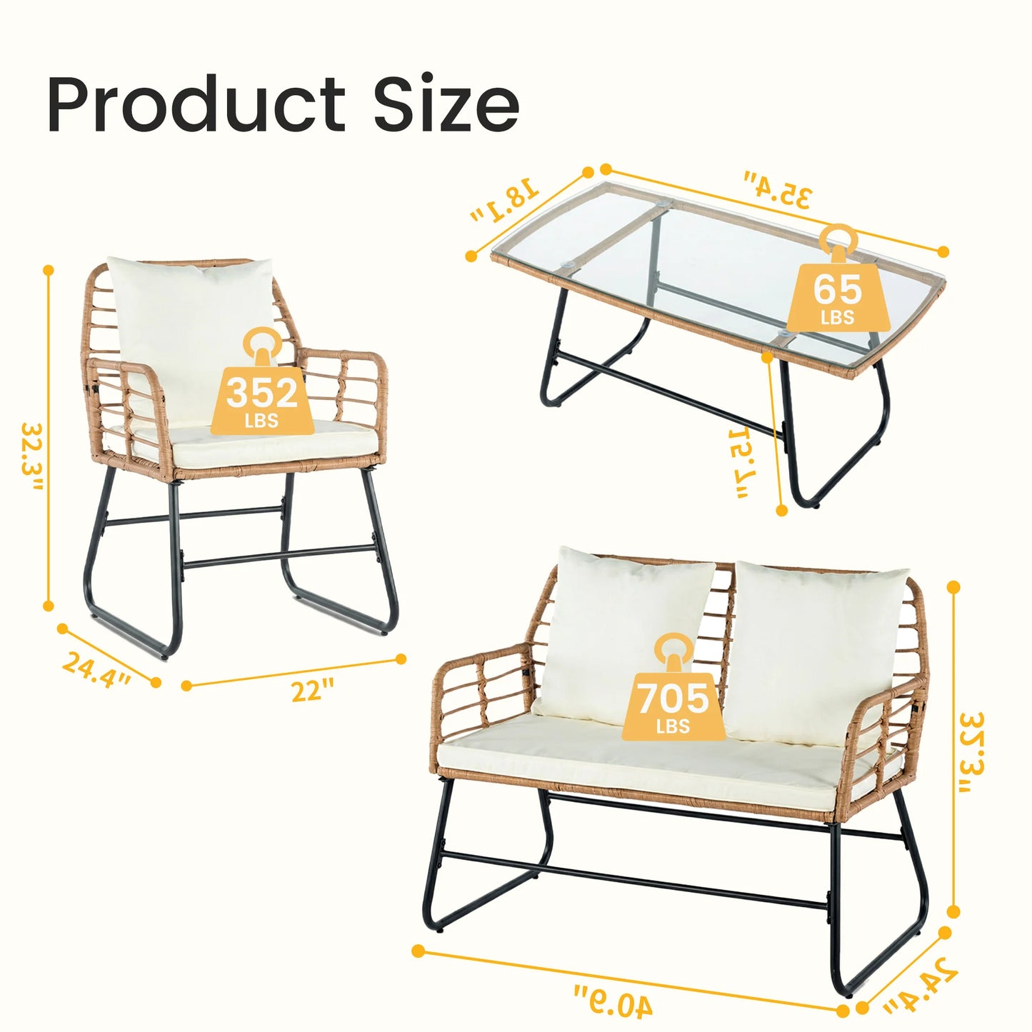 JHK Outdoor Wicker Patio Furniture Set Four Piece Glass Table