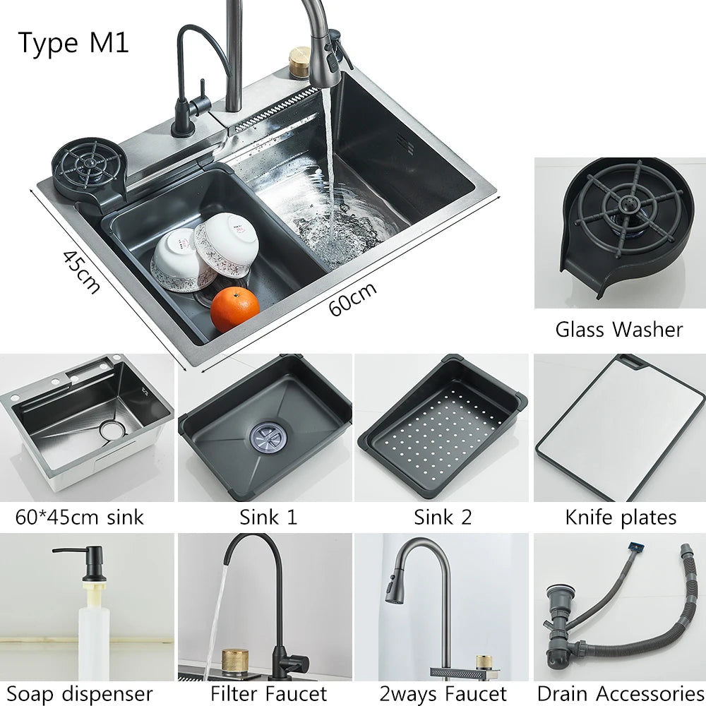 MYQualife 304 Stainless Steel Waterfall Kitchen Sink Faucet Set