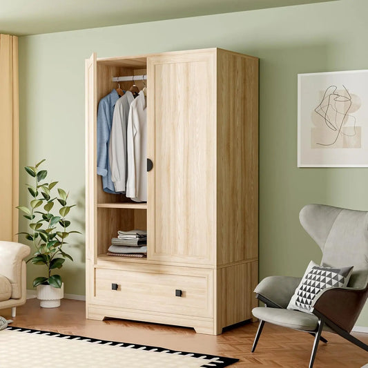Oak Armoire Wardrobe Closet Freestanding Cabinet With Doors And Shelves