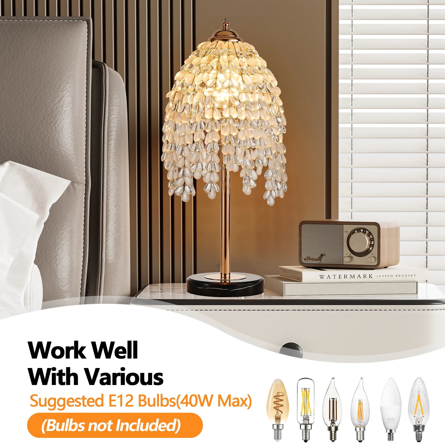 Elegant Crystal Table Lamp With Bead String Shades Marble Base