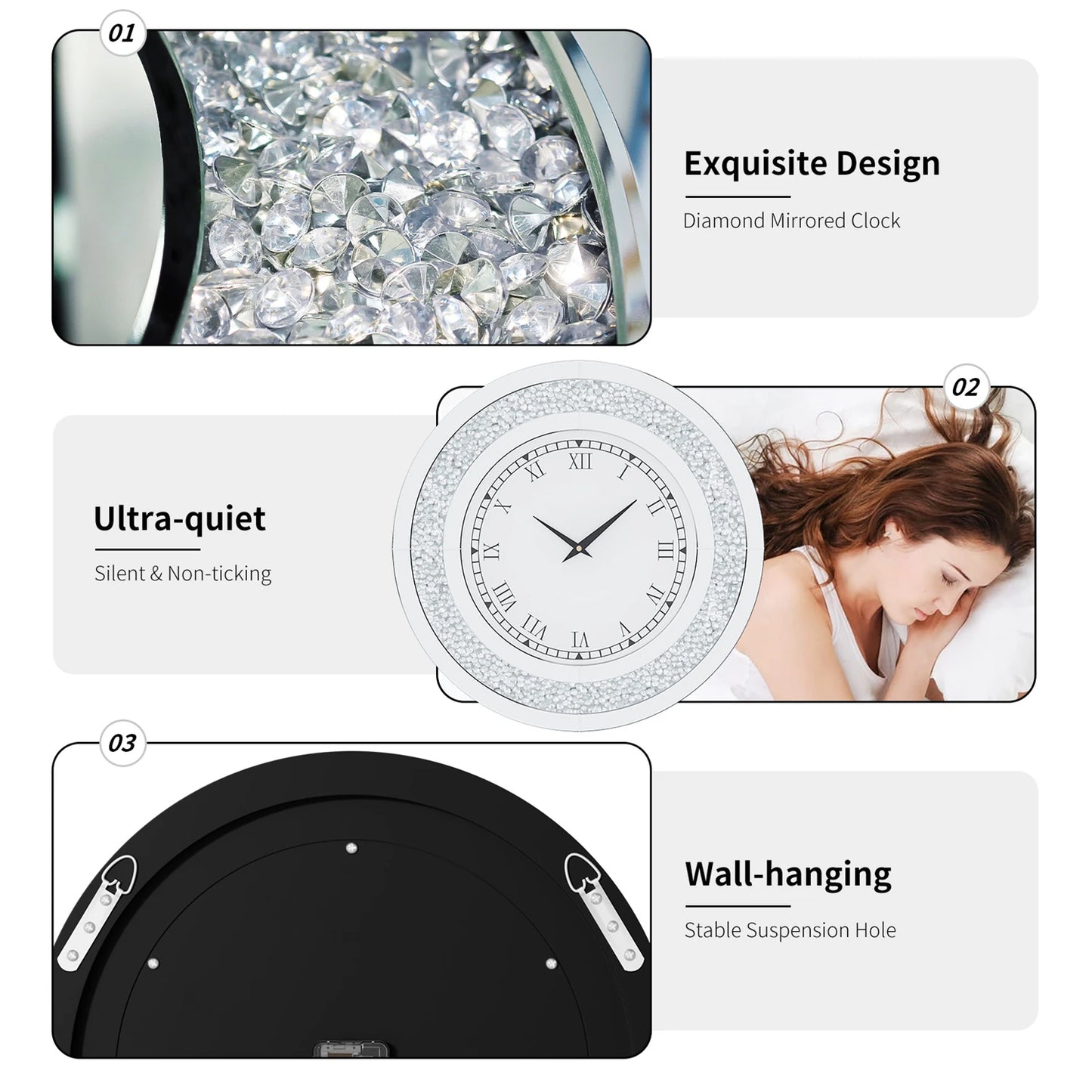 Bling Round Mirror Wall Clock Glam Sparkle Decor For Home