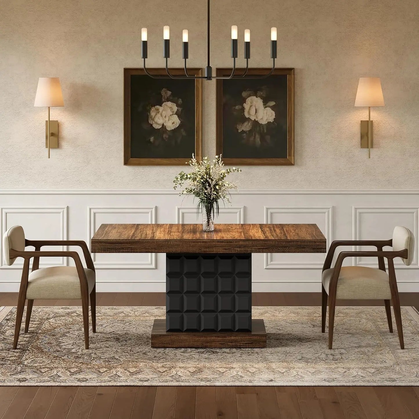 Modern Rectangular Farmhouse Dining Table With Sturdy Wood Pedestal Base