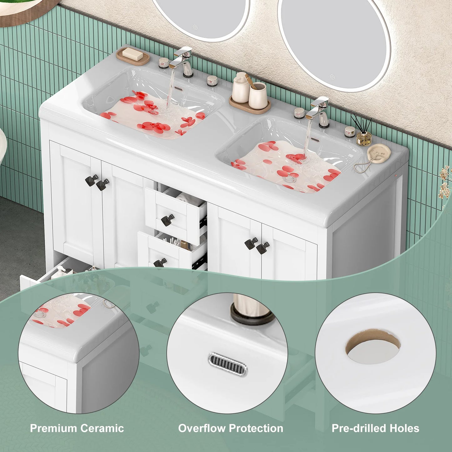 Teousev Double-Sink Freestanding Vanity With Drawers Cabinet Modern Bathroom