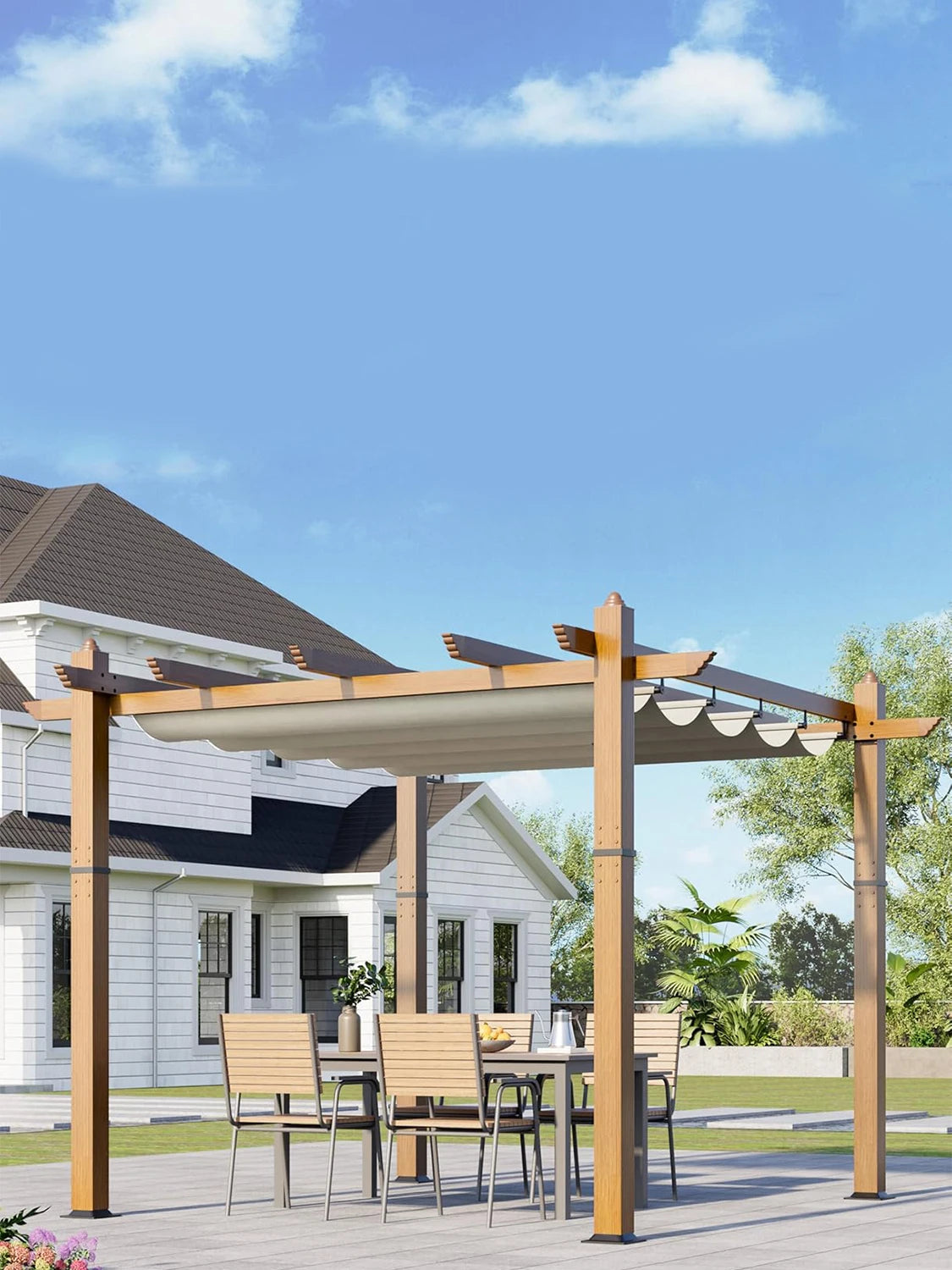 HiMISS Outdoor Pergola With Retractable Canopy And Faux Wood