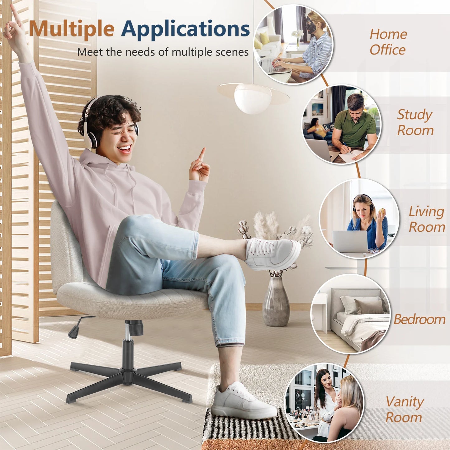JHK Cross Legged Office Chair Rocking Swivel Armless Fabric Task Chair