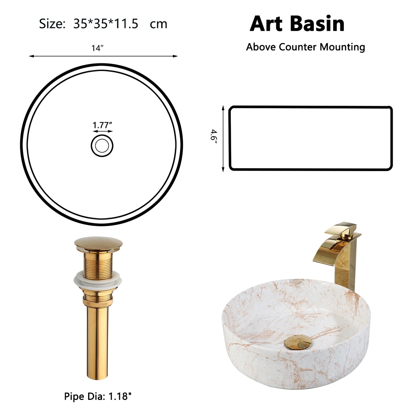 YANKSMART Marble Bathroom Vessel Sink With Gold Faucet