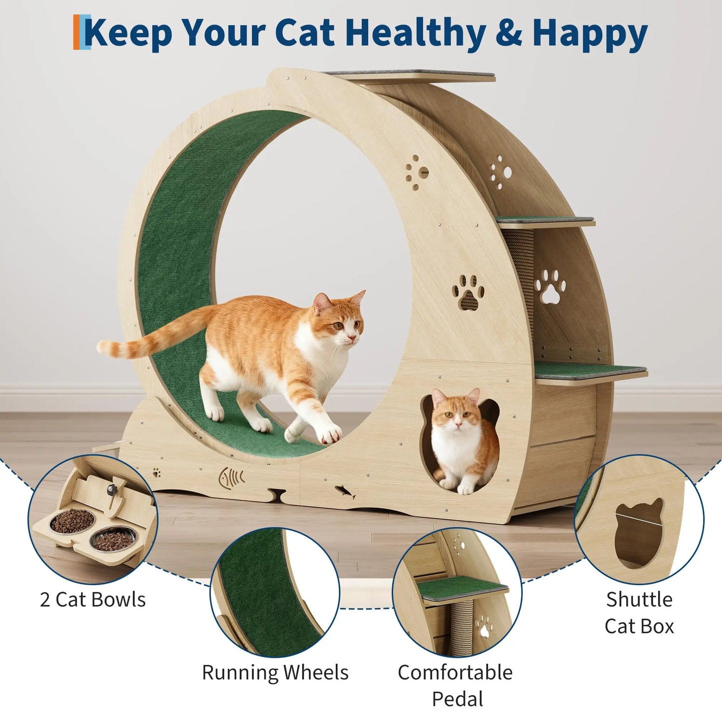 HiMISS 6-In-1 Cat Exercise Wheel Treadmill With Bowls