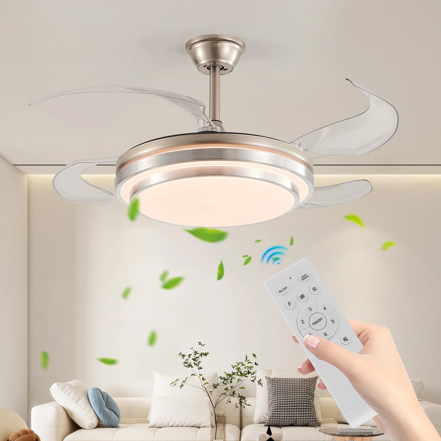 ARLGSITE Modern LED Ceiling Fan With Retractable Blades And Remote