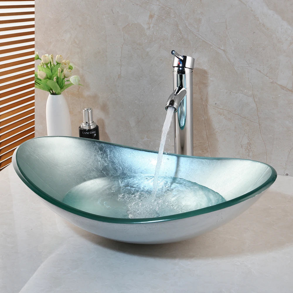 KEMAIDI Tempered Glass Bathroom Sink With Waterfall Faucet Countertop Basin