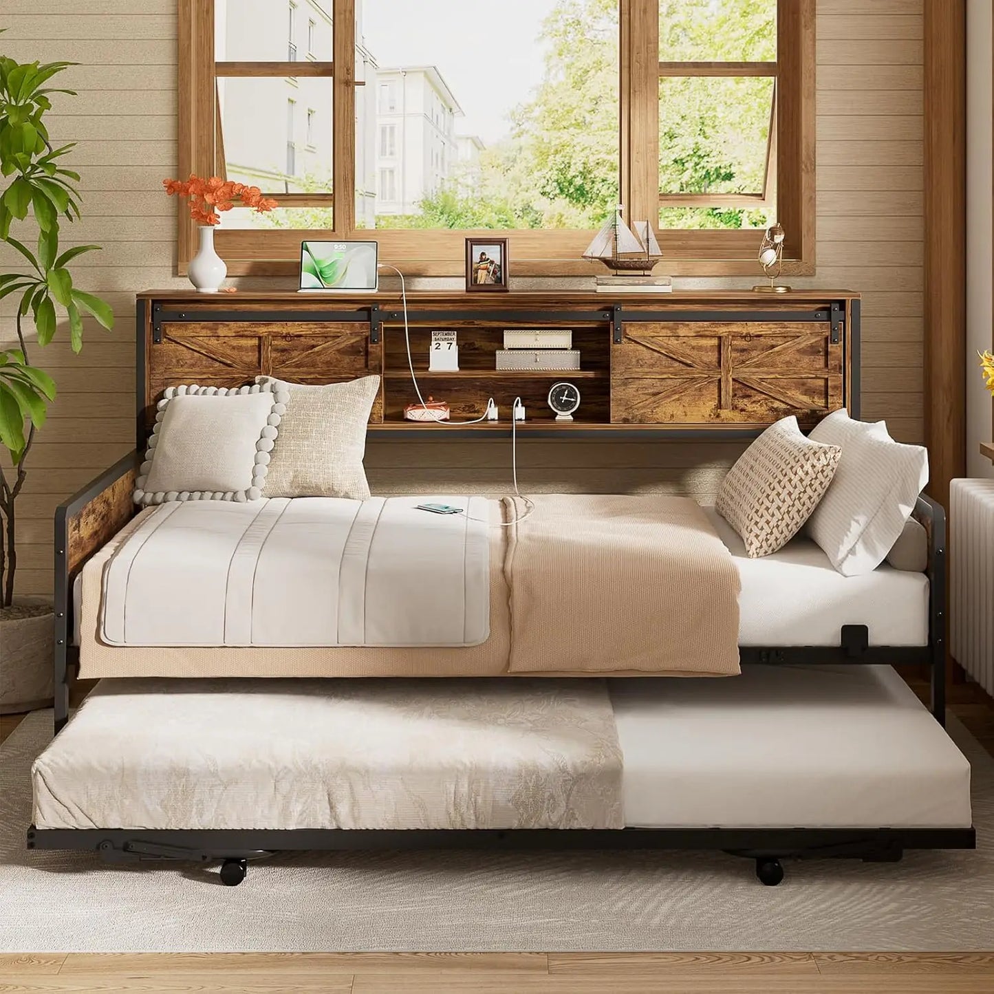 BIANXIANG Farmhouse Daybed With Pop Up Trundle And Bookcase Headboard