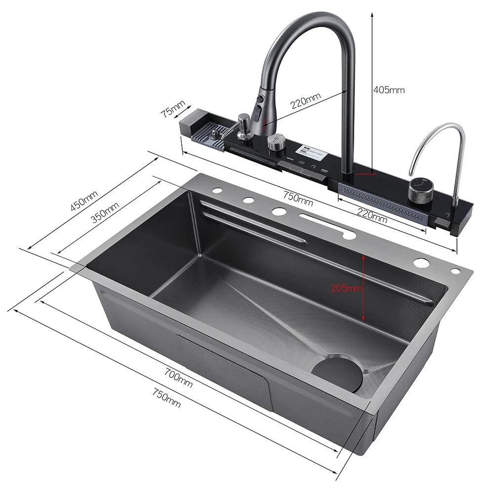 MYQualife 304 Stainless Steel Waterfall Kitchen Sink Faucet Set