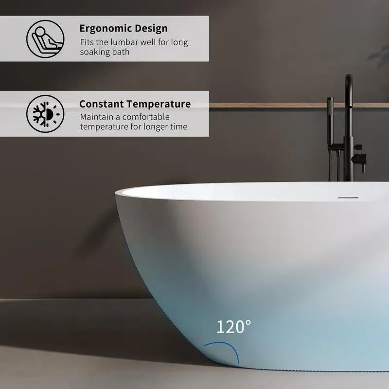 70.8" Matte White Solid Surface Soaking Tub, Stone Resin Freestanding Bathtub with Overflow, Pop-up Drain, Oval Design, Thick