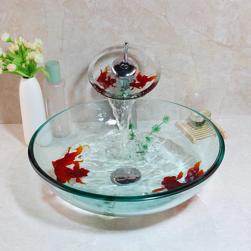 MEKKHALA Goldfish Pattern Tempered Glass Bathroom Basin Sink and Faucet