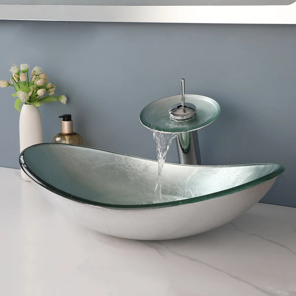 KEMAIDI Tempered Glass Bathroom Sink With Waterfall Faucet Countertop Basin