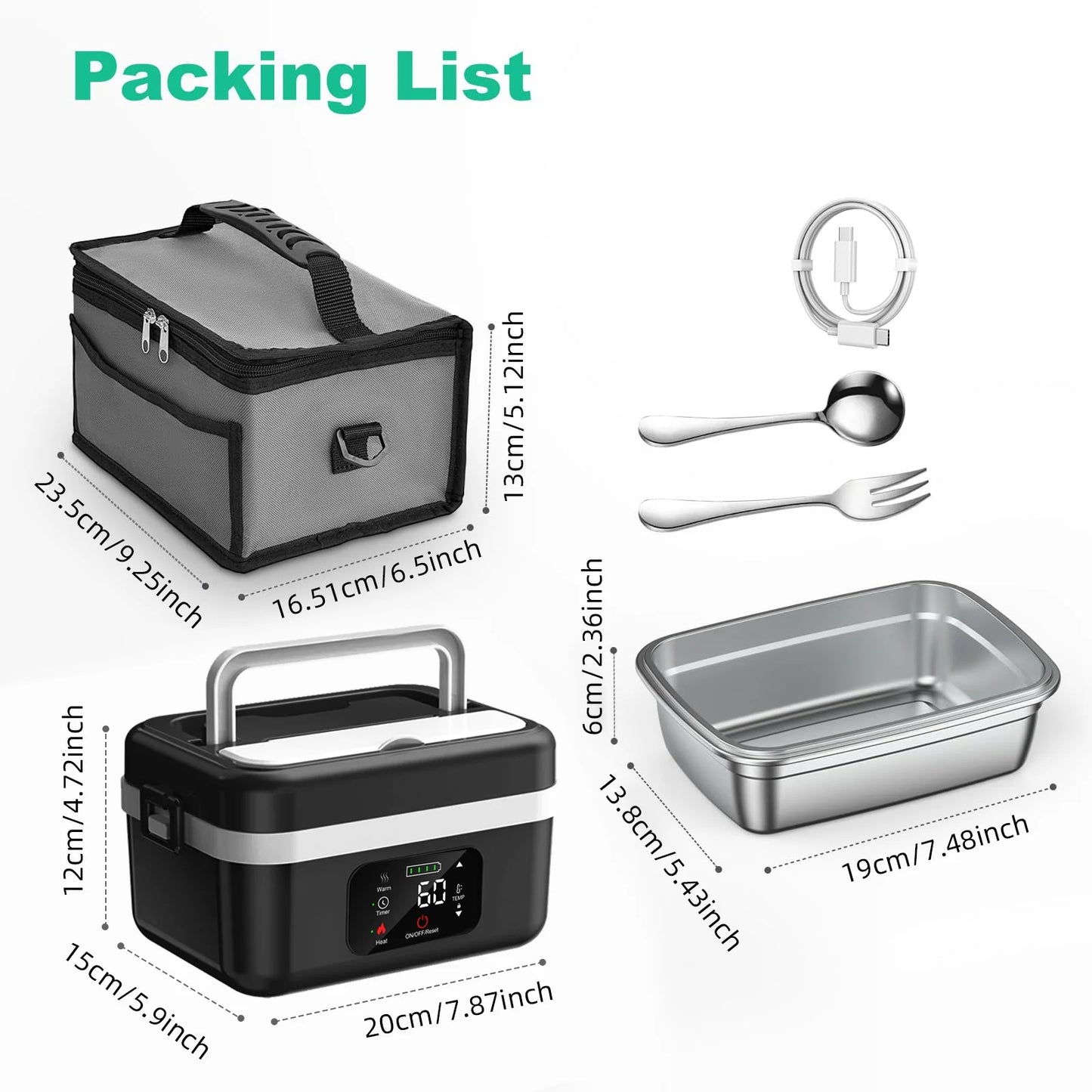 Wireless Heated Lunch Box With 8000mAh Battery And 60W