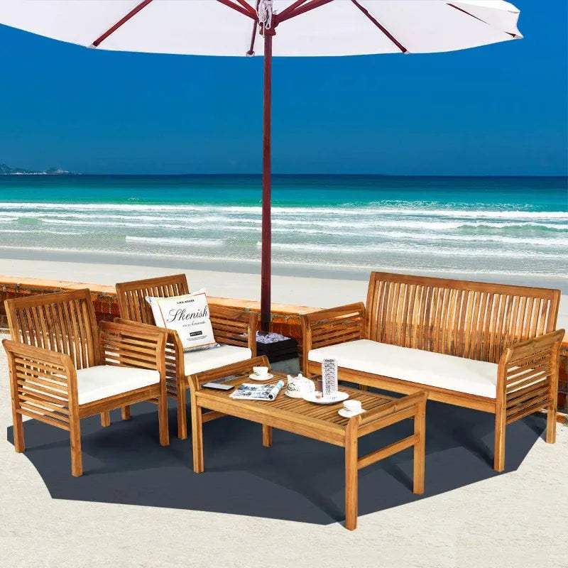 Outdoor Acacia Wood Sofa Set With Water Resistant Cushions
