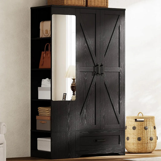 Modern Freestanding Wooden Armoire Wardrobe With Mirror