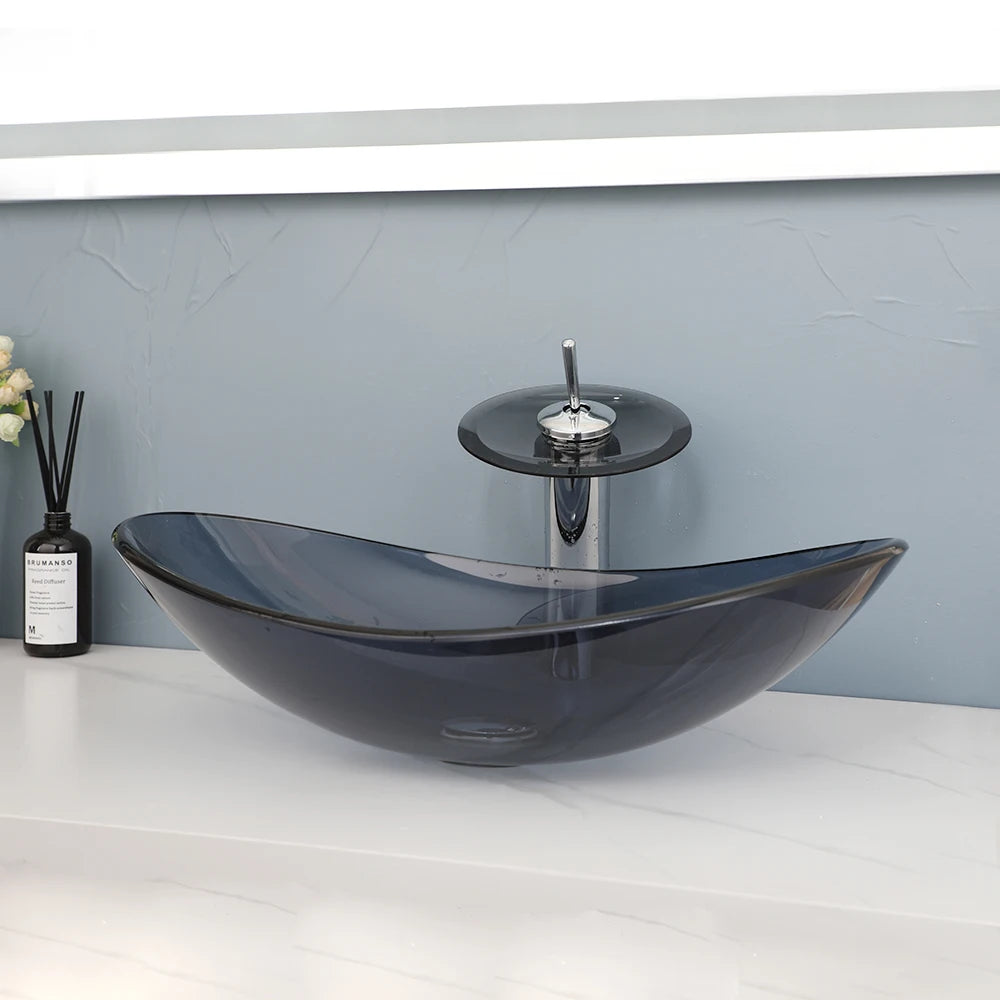 MEKKHALA Oval Tempered Glass Vessel Sink With Waterfall Faucet