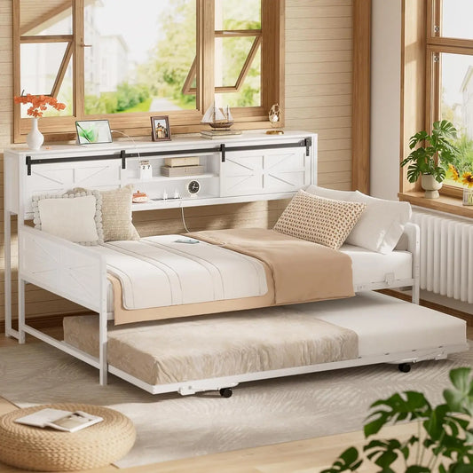 BIANXIANG Farmhouse Daybed With Pop Up Trundle And Bookcase Headboard
